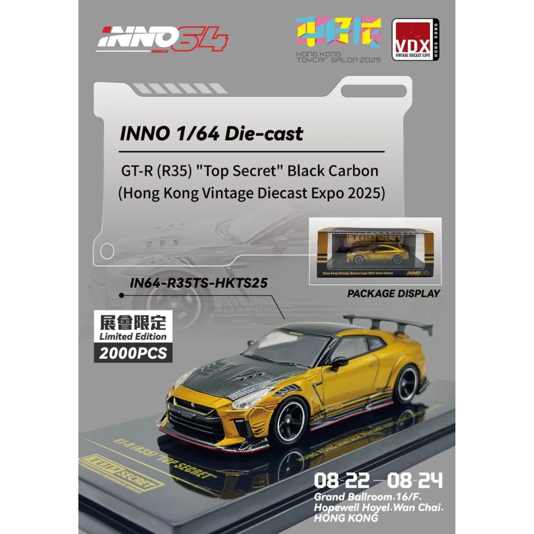 *EN CAMINO* Inno64 Nissan Skyline GT-R R35 Top Secret Black Carbon Hong Kong Toy Car Salon 2025